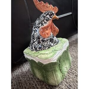 Vietri Italian Pottery Rooster Green Leaf Canister Jar 12.5 Italy